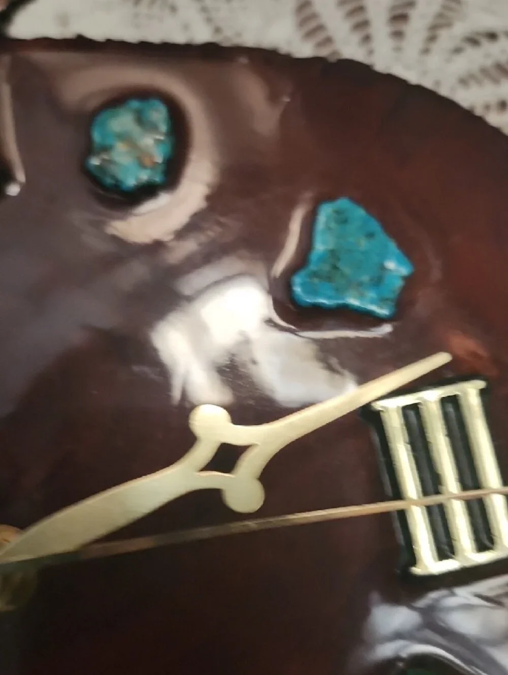 Handcrafted Brown Wood Wall Clock with Turquoise Accents